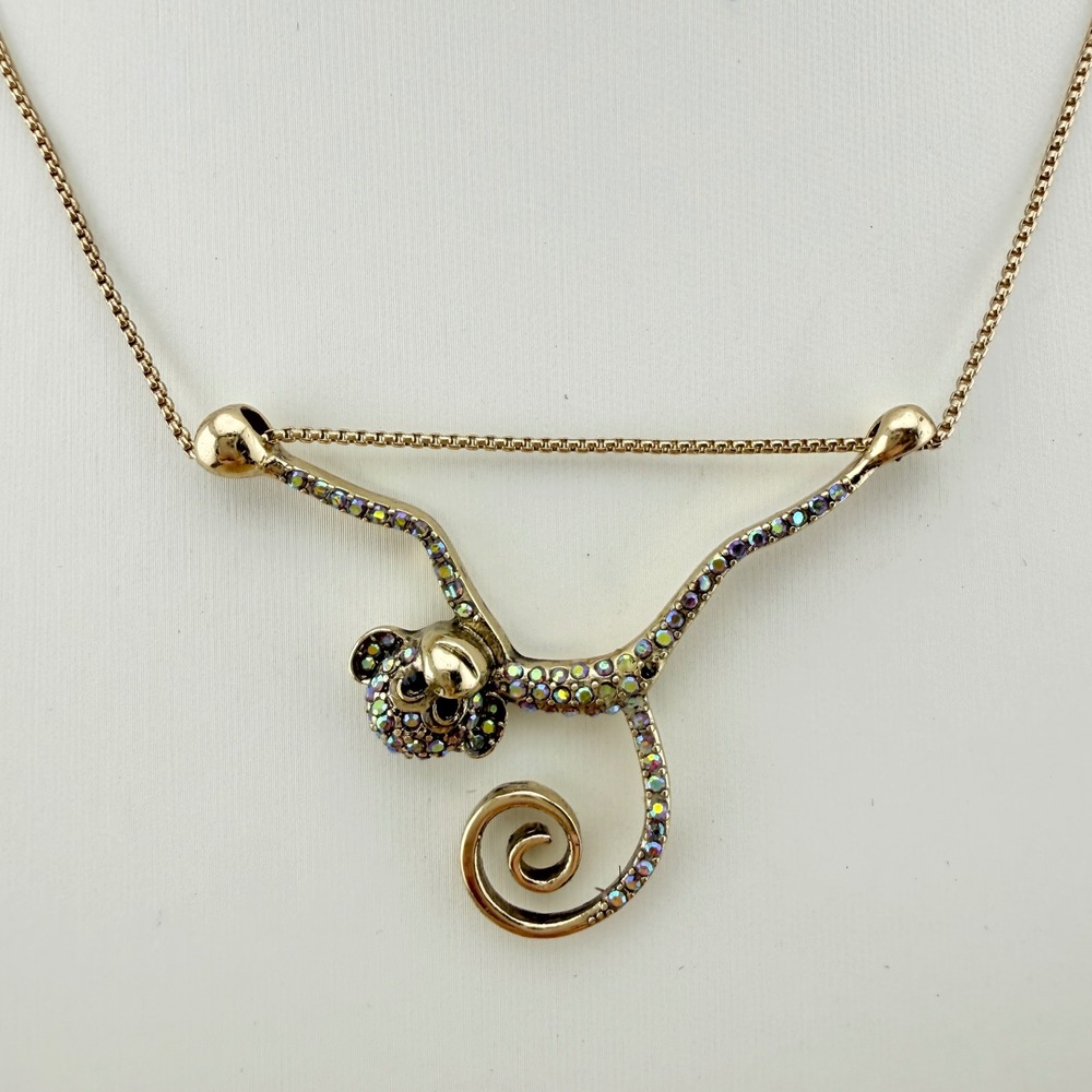 Betsey Johnson Necklace Monkey Rhinestone Gold Tone Y2K